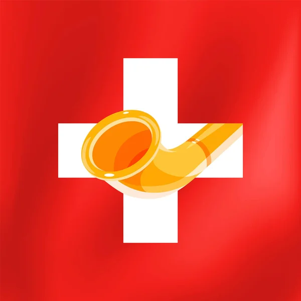 Alphorn Swiss Flag Illustrazione Vettoriale Alpino Strumento Musicale Tradizionale Legno — Vettoriale Stock