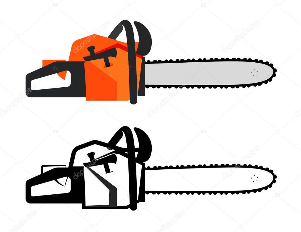 Chainsaw vector icon in orange color and black style. Set of lumber instrument illustrations isolated on white in a horizontal position