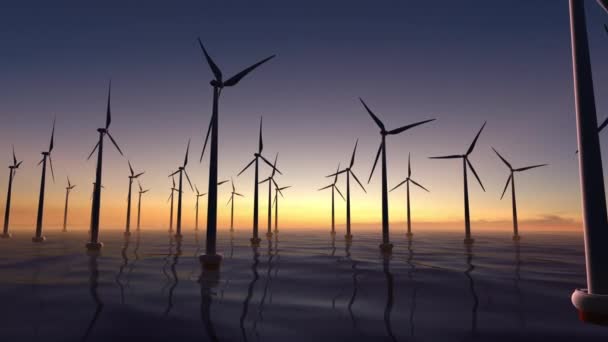 Башни ветровой электростанции, генерирующие альтернативную энергию в море — стоковое видео