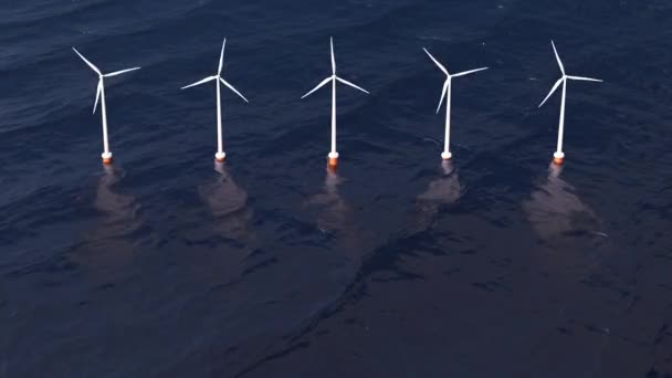 Elektrownia wiatrowa w oceanie. Pięć białych turbin Tower z przodu nad wodą. — Wideo stockowe