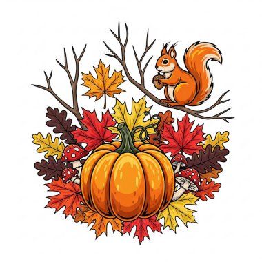 Sonbahar yapraklarıyla çizilmiş sonbahar balkabağı.