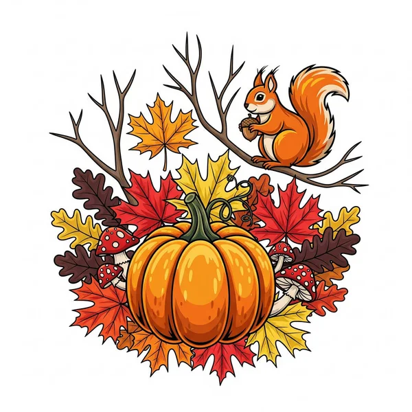 Sonbahar yapraklarıyla çizilmiş sonbahar balkabağı.