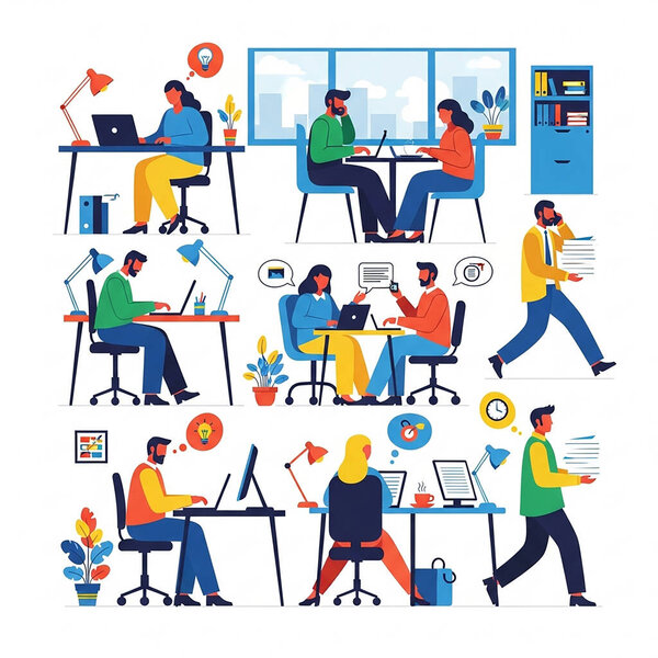 Office Workplace Illustration People Working and Collaborating