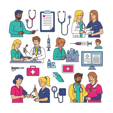 Stetoskop ve Tıbbi Ekip Üniformalı Hemşireler ve Doktorlar