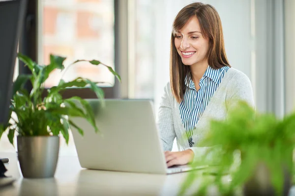 Young Woman Working Laptop While Sitting Table Office — Stock Photo, Image