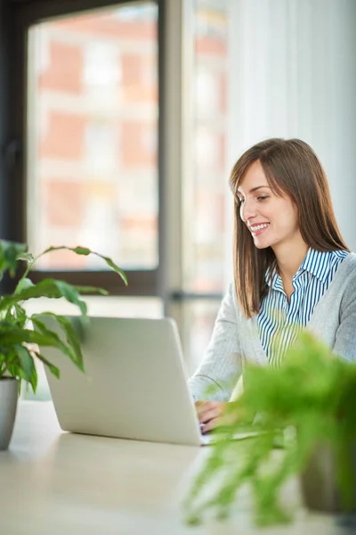 Mujer Joven Que Trabaja Ordenador Portátil Mientras Está Sentado Mesa — Foto de Stock