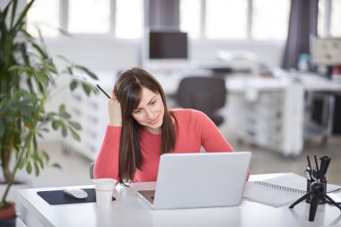 Sevimli gülümseyen Caucaisan esmer ofiste oturan ve dizüstü bilgisayar kullanarak.