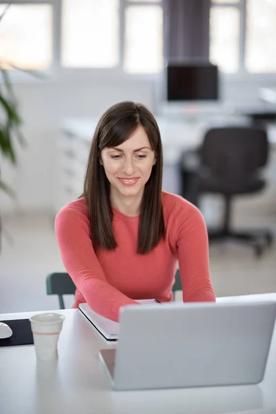 Schöne lächelnde kaukasische Geschäftsfrau sitzt im modernen Büro und benutzt Laptop. — Stockfoto