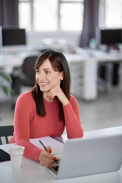 Schöne lächelnde kaukasische Geschäftsfrau sitzt im modernen Büro und benutzt Laptop. — Stockfoto