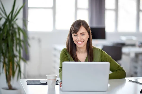 Красиві усміхнений кавказьких бізнес-леді сидять в сучасні офісні та використання ноутбука. — стокове фото