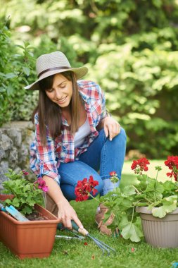 Güzel Kafkas kadın çalışma giysileri çömelmiş ve arka bahçesinde el tırmık kullanarak. Kadın etrafında çiçekli tencere ler vardır..