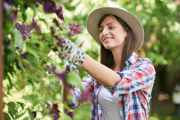 Belle brune caucasienne souriante en vêtements de travail et avec chapeau taille fleurs dans son arrière-cour . — Photo