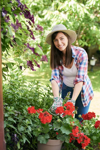 Linda morena branca sorridente em roupas de trabalho e com chapéu podando flores em seu quintal . — Fotografia de Stock