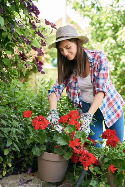 Linda morena branca sorridente em roupas de trabalho e com chapéu podando flores em seu quintal . — Fotografia de Stock