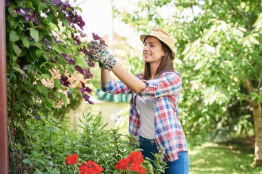 Güzel gülümseyen Kafkas esmer çalışma giysileri ve şapka ile çiçek onun arka bahçesinde budama ile.
