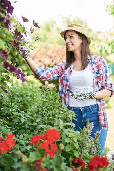 帽子、ガーデニング手袋と裏庭で彼女の花の世話をする作業服で美しい笑顔白人ブルネット. — ストック写真