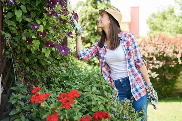 Linda morena branca sorridente com chapéu, luvas de jardinagem e roupas de trabalho cuidando de suas flores no quintal . — Fotografia de Stock