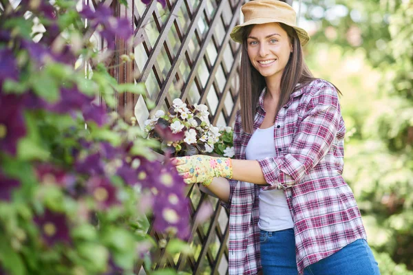 Gorgeous Caucasian brunette dressed in work wear and with hat and gloves decorating her backyard with white begonia. — Stock Photo, Image