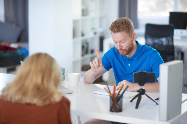 Handsome Caucasian manager dressed interviewing candidate for job in firm. — Stock Photo, Image