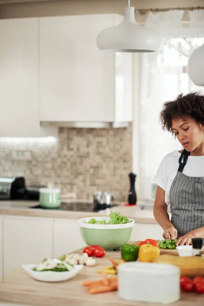 Mulher de raça mista atraente em avental de corte de alface para salada. Interior da cozinha . — Fotografia de Stock