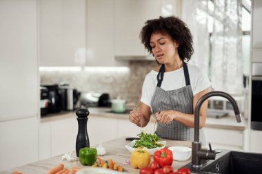 Önlüklü çekici melez kadın mutfakta dururken kasede sebze karıştırıyor..