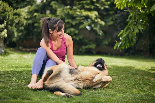 Ung Attraktiv Passform Yogi Brunett Leka Med Sin Hund Trädgården — Stockfoto