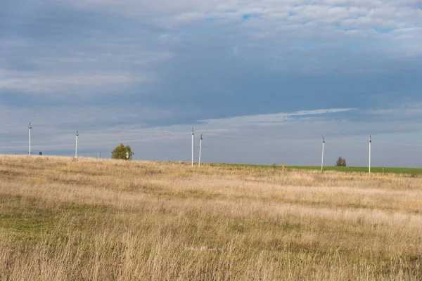 Herbstfeld Mit Strommasten — Stockfoto