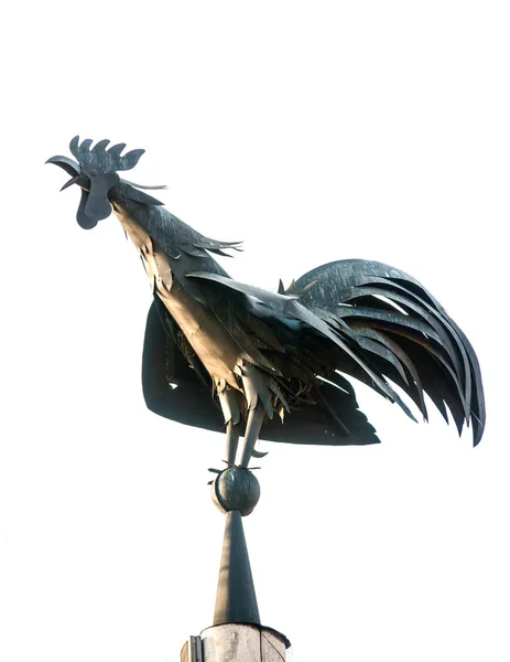 Figure metal rooster on spire of house