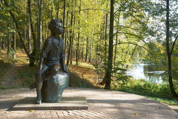 Monument to poet Alexander Pushkin in Zakharovo, former noble estate in village Zakharovo, Odintsovo district, Moscow region, Russia