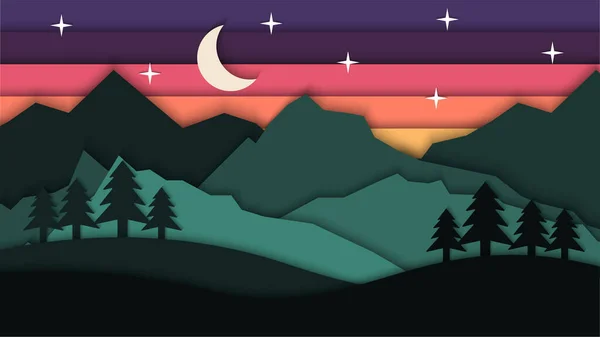 Belleza Paisaje Nocturno Estilo Arte Papel Montaña Con Ilustración Vector — Vector de stock