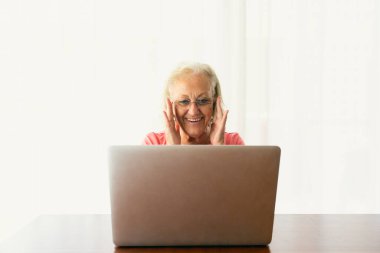 Üst düzey kadın dizüstü bilgisayar kullanıyor ve çevrimiçi sohbet ediyor.