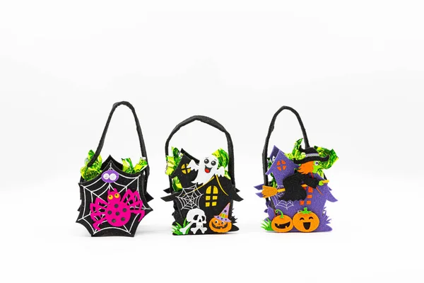 Süße Filztaschen Mit Henkeln Trick Treat Goody Bags Auf Weißem — Stockfoto