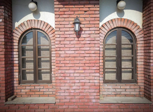 Front View Two Vintage Rounded Window Weathered Red Brick Blocks — Stock Photo, Image