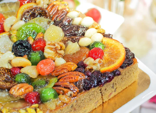 Sweet Desserts Sweet Fruits Nuts Topping Fruit Tart Fruit Cake — Stock Photo, Image