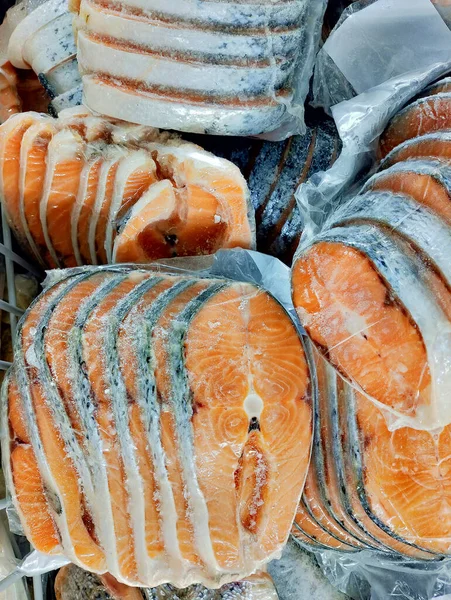 Filetto Salmone Congelato Imballaggi Plastica Vendita Supermercato Mercato Dei Frutti — Foto Stock