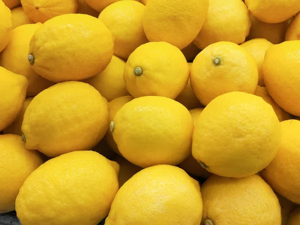 Süpermarkette Organik Limonlar Sarı Turunçgil Meyve Limonu Arkaplanı Stok Resim