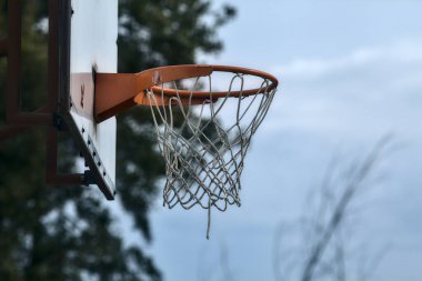 Ağaçlı ve bulutlu bir gökyüzü olan basketbol potasına yakın çekim