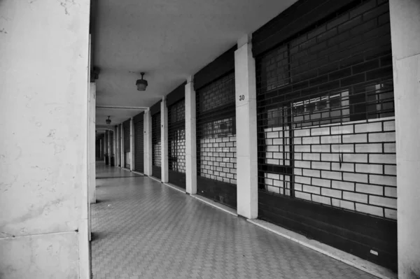 Modern Style Porchway European Town Closed Empty Shops Black Whit — Stock Photo, Image