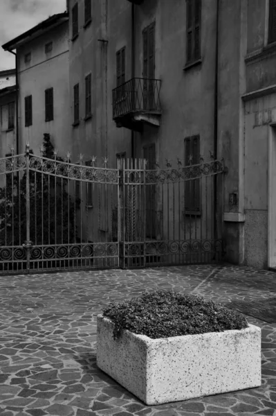 Τσιμεντένιος Φυτευτήρας Πλατεία Δίπλα Σιδερένια Πύλη Και Κτίριο Μαύρο Και — Φωτογραφία Αρχείου