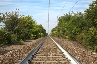 Kafasında kablolar olan ve yazın ağaçlarla çevrili bir demiryolu.