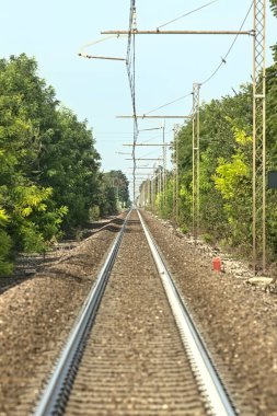 Kafasında kablolar olan ve yazın ağaçlarla çevrili bir demiryolu.