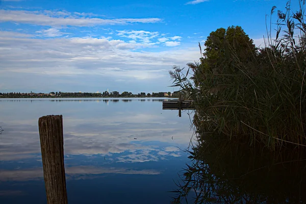 Orilla Lago Con Cañas Postes Atardecer — Foto de Stock