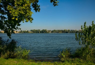 Sonbaharın açık bir gününde ağaçlar tarafından çerçevelenmiş Lakeshore