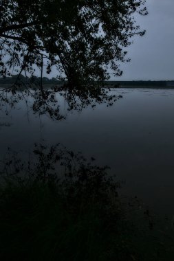Sonbaharda gün batımında suya yansıyan bir ağaç tarafından çerçevelenmiş.