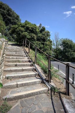 Güneşli bir günde etrafı ormanla çevrili bir uçurumun kenarındaki virajın yanındaki merdivende.