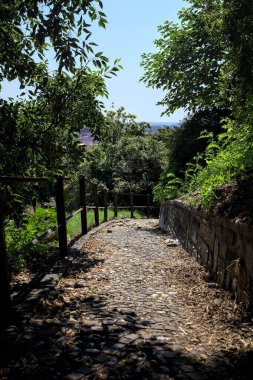 Güneşli bir günde, bir uçurumun kenarında çakıllı bir patika.