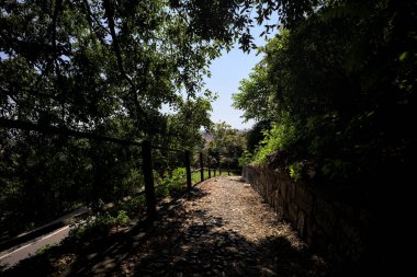 Güneşli bir günde, bir uçurumun kenarında çakıllı bir patika.