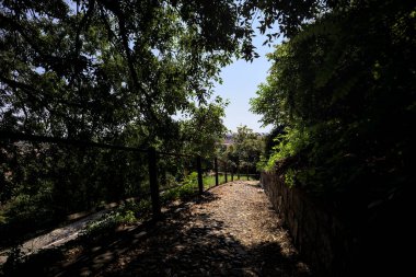 Güneşli bir günde, bir uçurumun kenarında çakıllı bir patika.