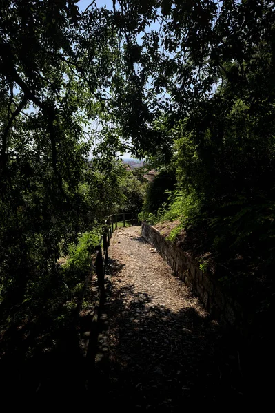 Güneşli bir günde, bir uçurumun kenarında çakıllı bir patika.