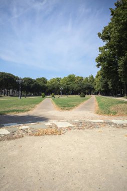Opening forming a square with trails and bushes bordered by trees on it in a park on a sunny day